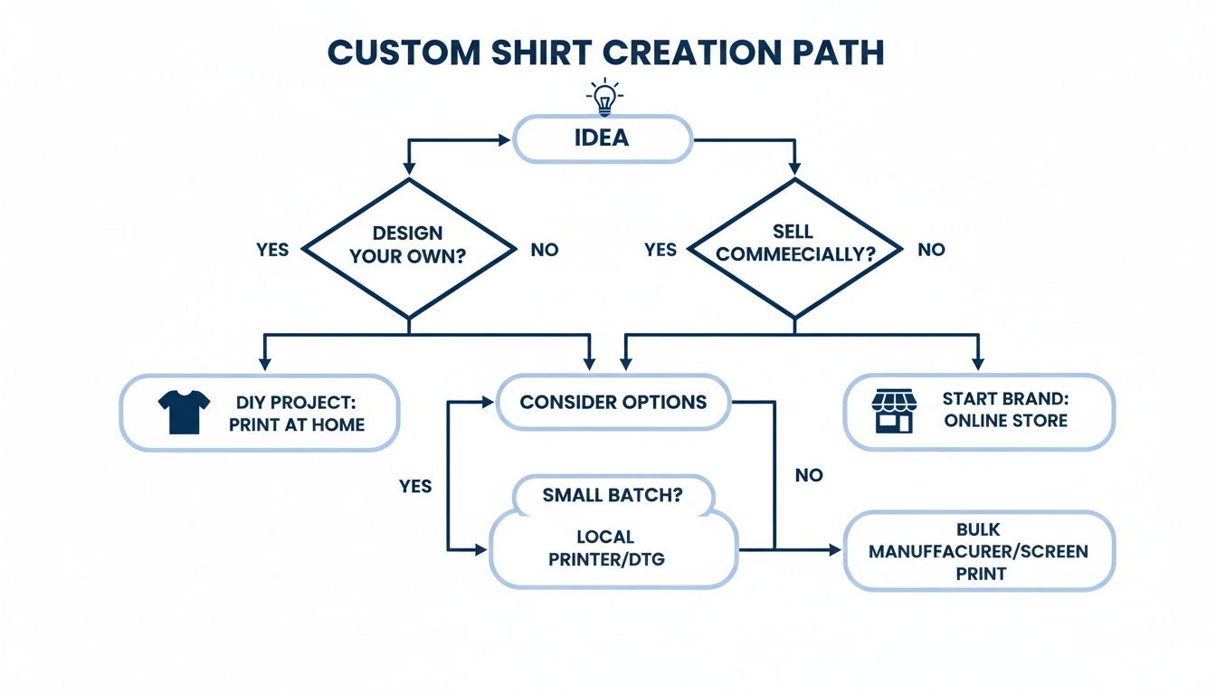 Flowchart illustrating the custom shirt creation process, from idea generation to various printing options.