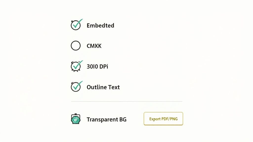 Export settings interface with options for embedded, 3010 DPI, outline text, transparent background, and an 'Export PDF/PNG' button.