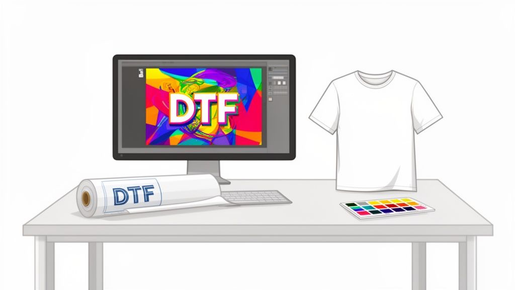 A DTF printing setup with a computer showing a colorful design, a blank t-shirt, film roll, and color swatches.