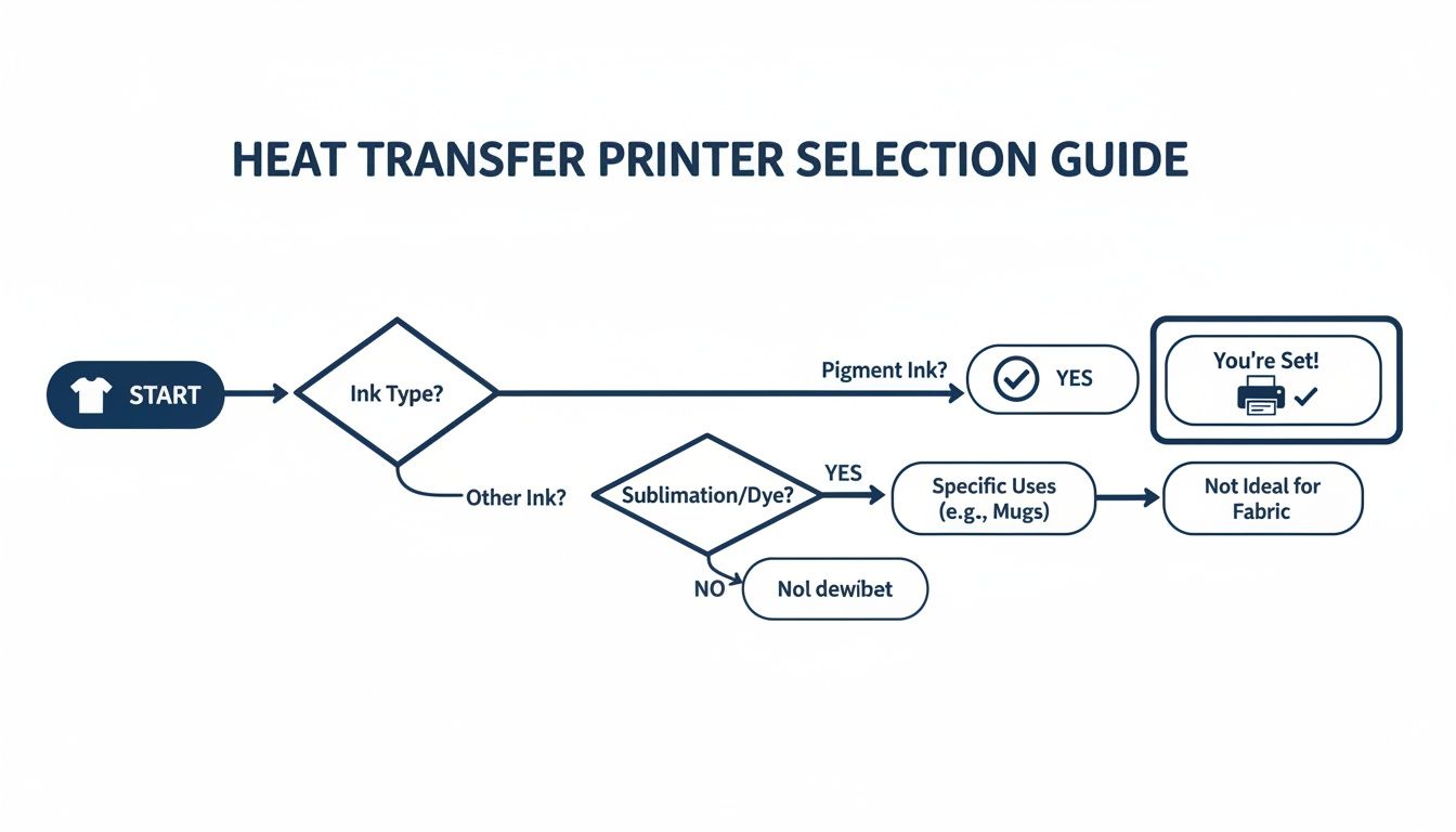 A flowchart illustrating a heat transfer printer selection guide based on ink type and specific uses.