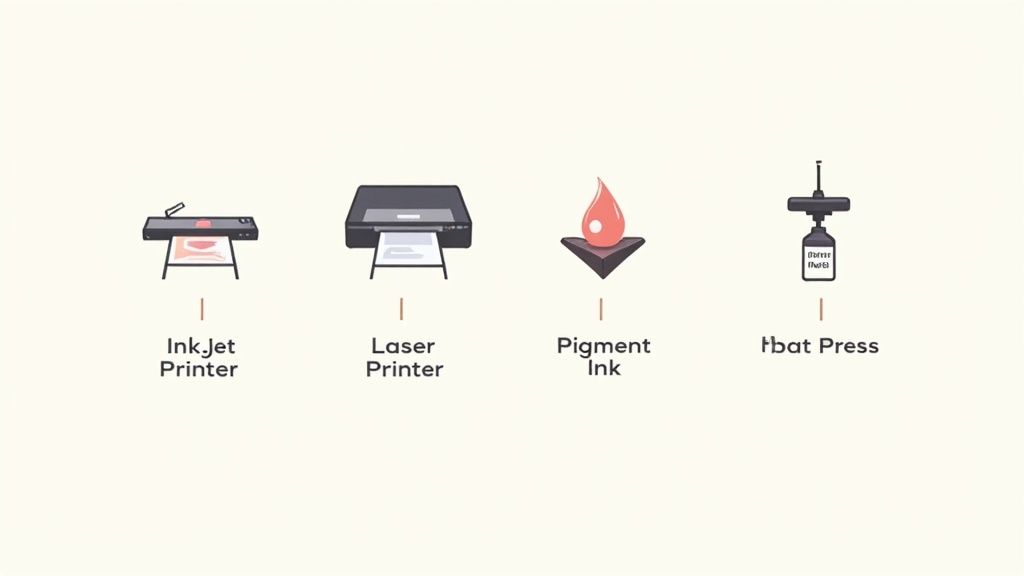 Four printing methods comparison showing inkjet printer, laser printer, pigment ink, and heat press