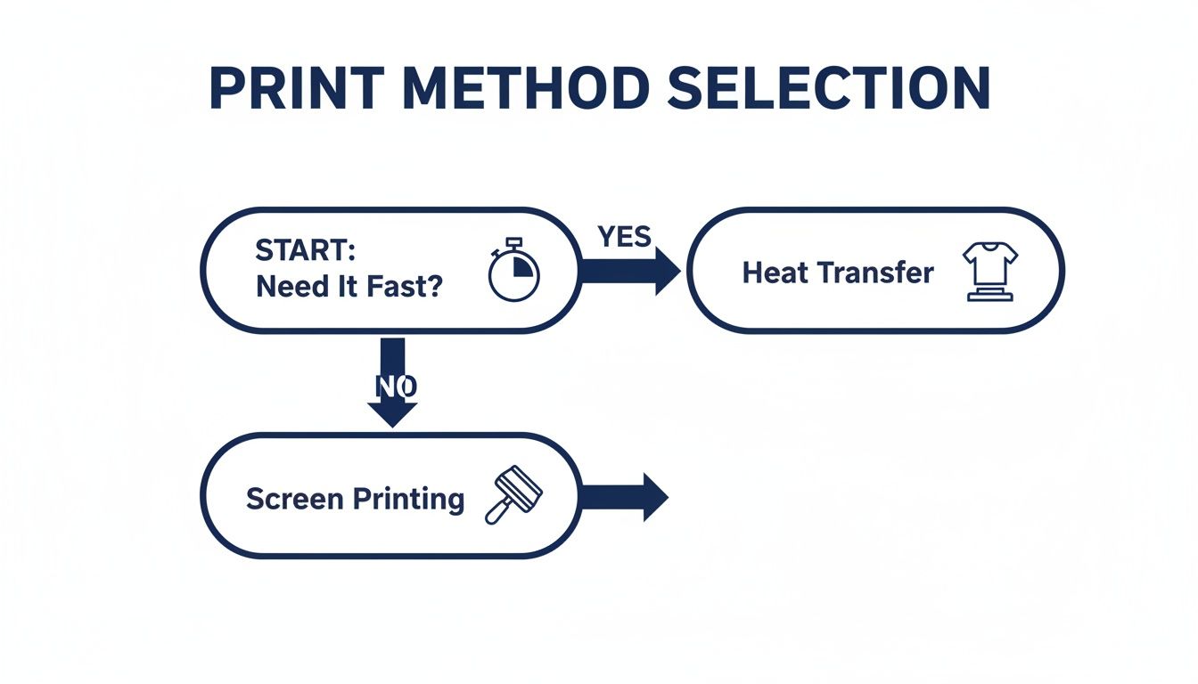 Flowchart showing print method selection: Heat Transfer if fast, Screen Printing otherwise.
