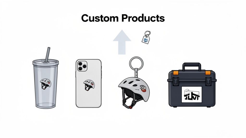 An image showcasing various custom products, including a tumbler, phone case, helmet keychain, and a hard case, all featuring unique designs.