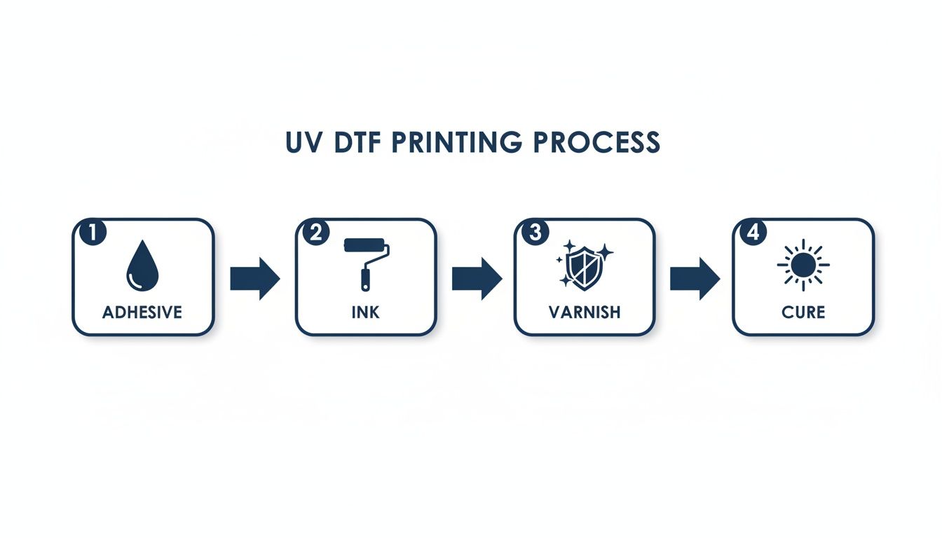 A diagram illustrating the 4-step UV DTF printing process: Adhesive, Ink, Varnish, and Cure.