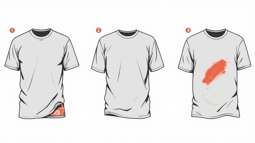 Three-step guide showing DTF transfer application process from shirt corner to center placement
