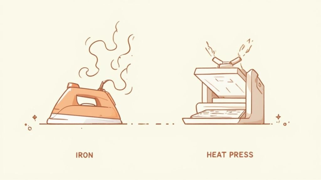 Comparison illustration showing traditional iron versus heat press machine for applying transfers