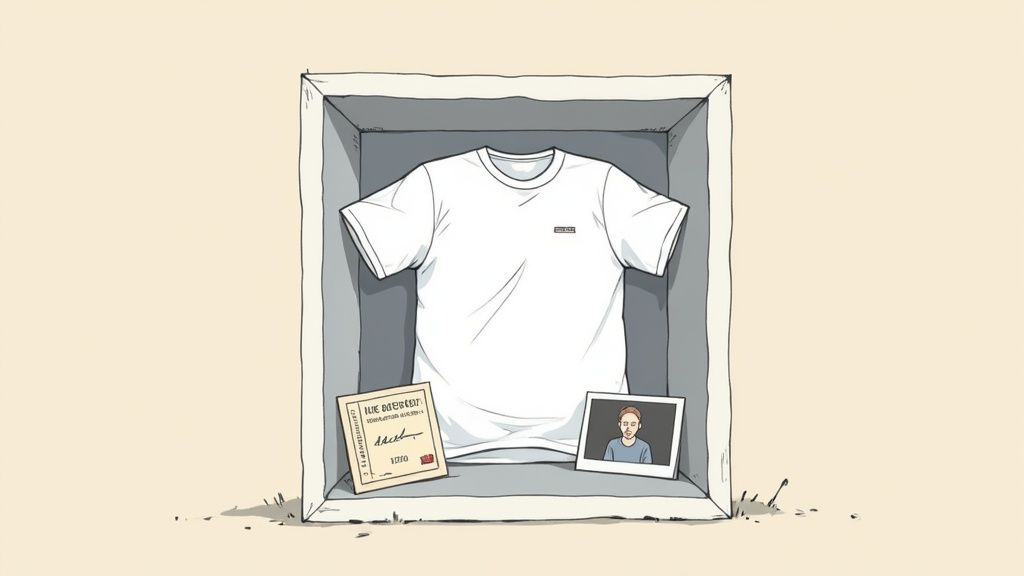 A white t-shirt neatly folded inside a display box, alongside a document and a framed photo.