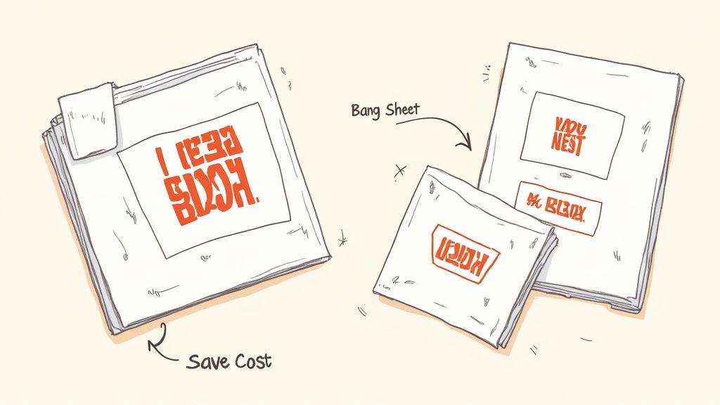 Illustration comparing print layout options, showing stacked papers for cost saving versus a 'bang sheet' with nested designs.