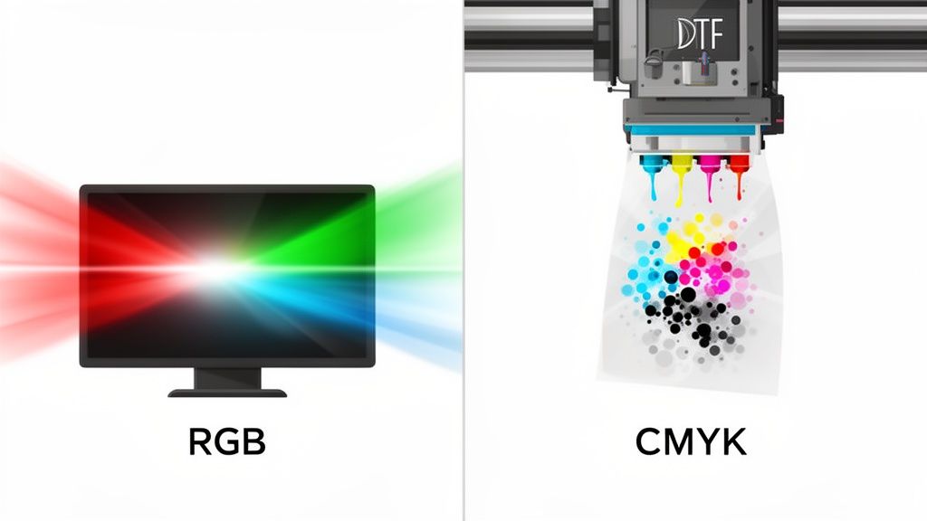 Comparison of RGB light on a monitor and CMYK ink from a DTF printer, illustrating color models.