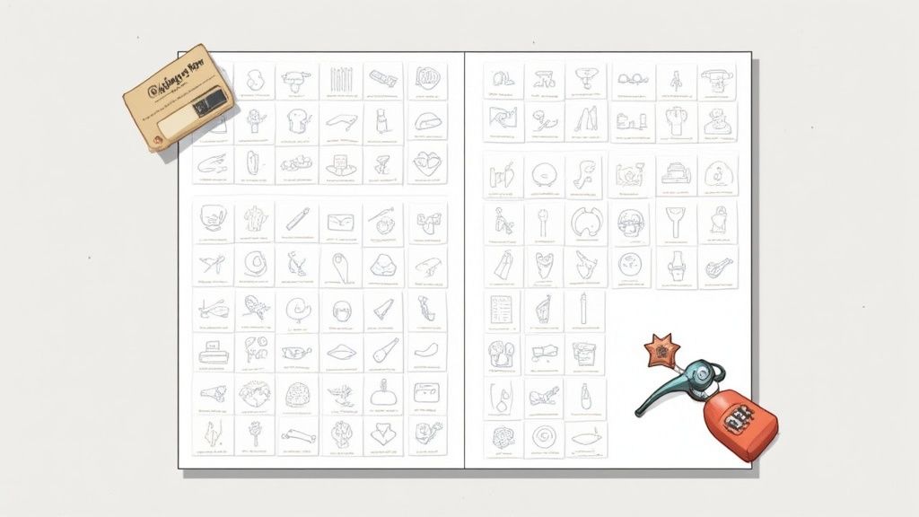 An open book displays a grid of hand-drawn icons, with a brown card, and a key holder.