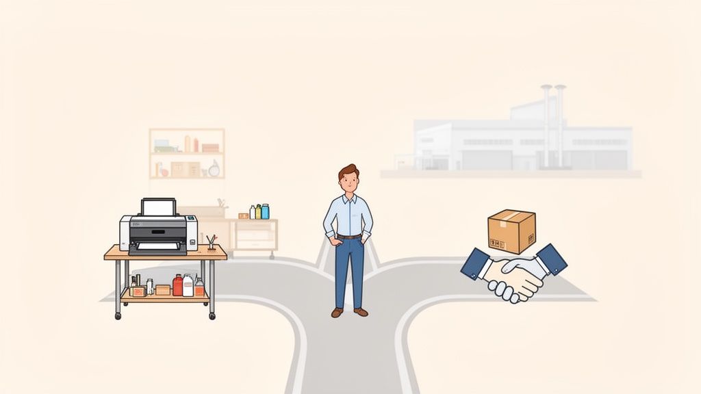 A man at a crossroads, choosing between a DTF printer workstation and a business handshake with a factory.