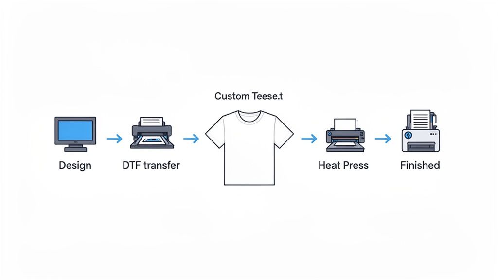 Steps for custom t-shirt printing: design, DTF transfer, heat press, and finished product.