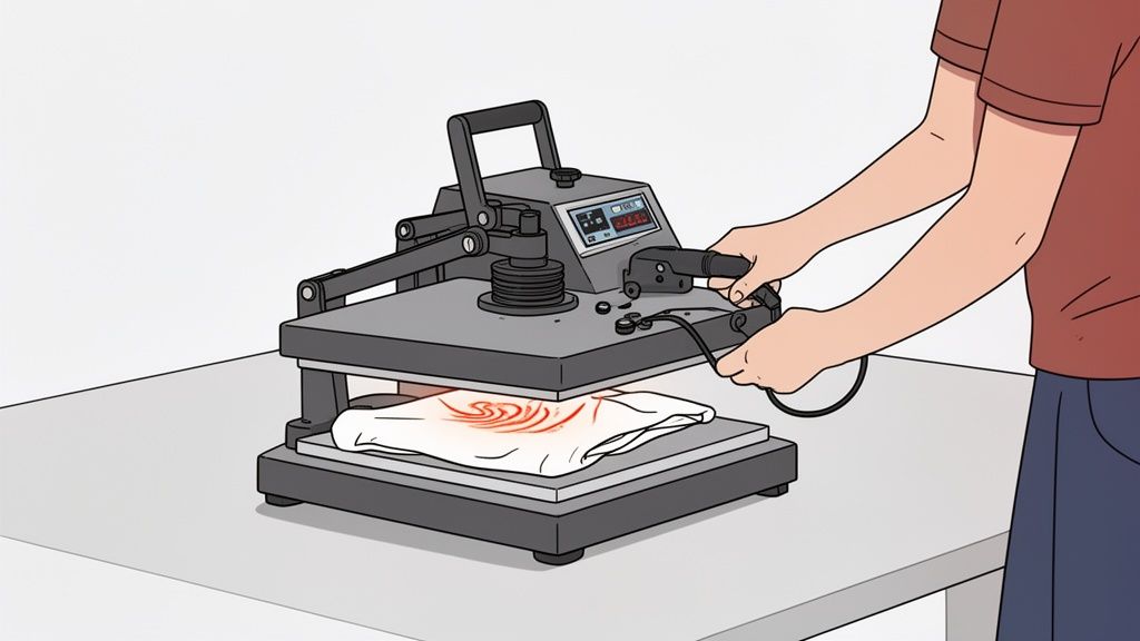 A person operates a heat press machine to apply a design onto a white T-shirt.