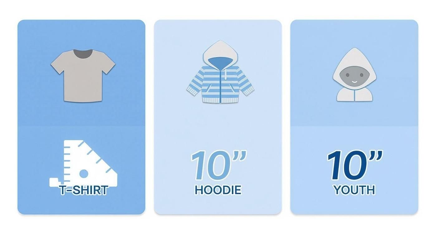 Three blue cards display icons for t-shirt, hoodie, and youth, indicating apparel sizing options.