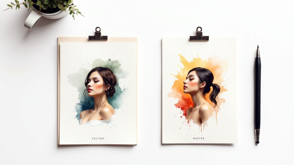 A digital artist using a tablet to create a detailed graphic, with both vector lines and raster textures visible on the screen.