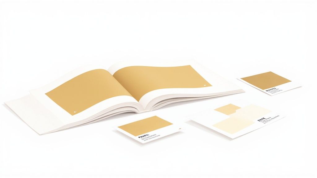 An open book and color swatch cards display various shades of gold and beige on a white background.