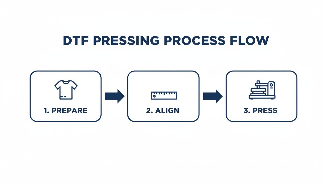 A three-step DTF pressing process flow with icons for prepare, align, and press.