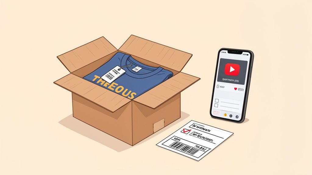 A blue t-shirt in an open box, a smartphone with a video, and a shipping label.