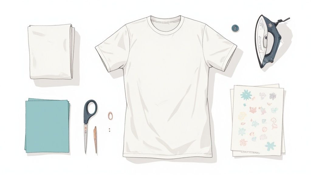 Flat lay of white t-shirt, iron, scissors, and various supplies for a DIY iron-on transfer craft.