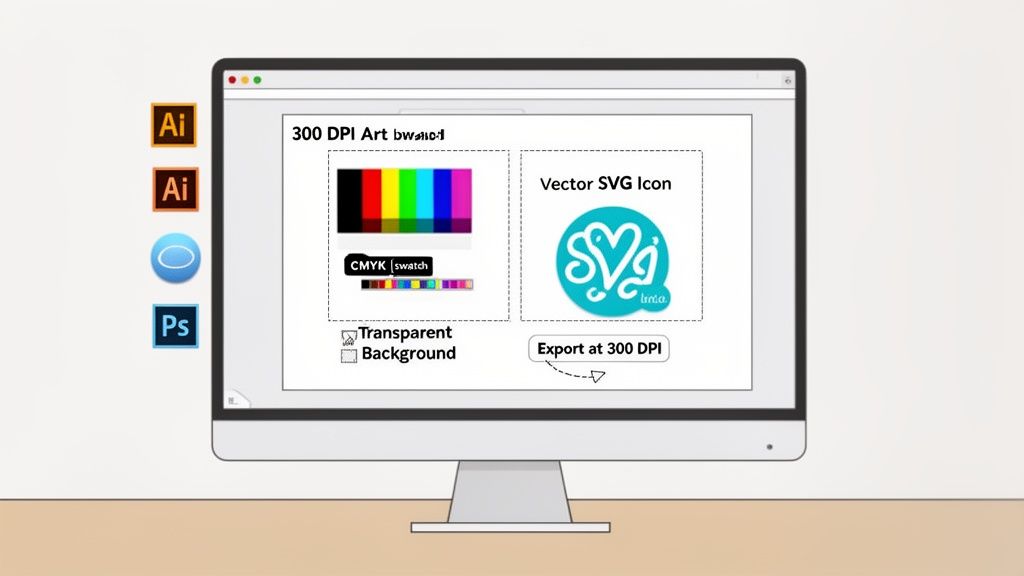 A monitor displays graphic design software showing CMYK swatches, a vector SVG icon, and export options.