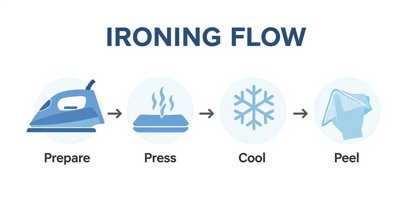 Four step ironing flow diagram showing prepare, press, cool, and peel process for heat transfer application