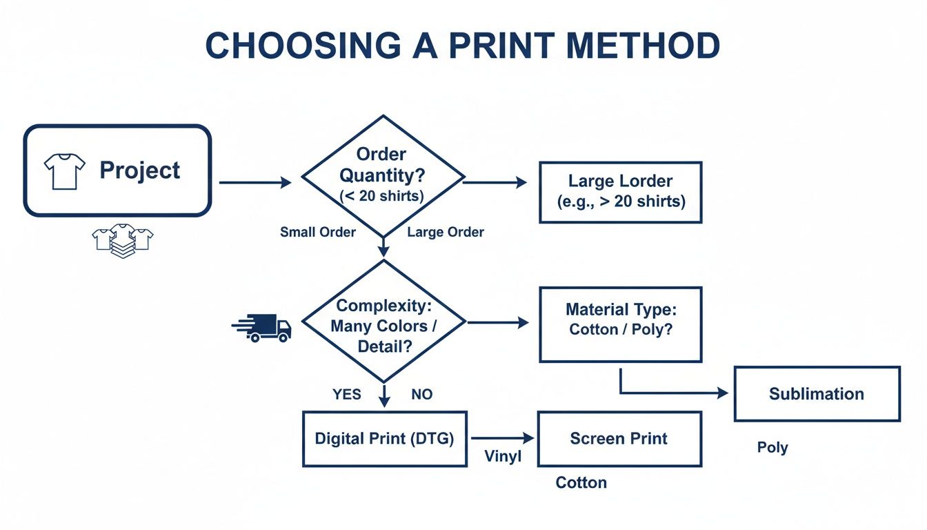 Flowchart for choosing a print method based on order quantity, design complexity, and material type.