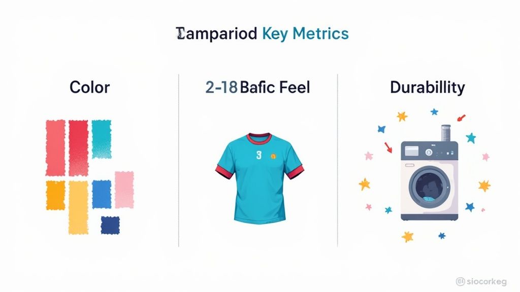 Presentation slide displaying product key metrics: color swatches, a t-shirt for fabric feel, and a washing machine for durability.