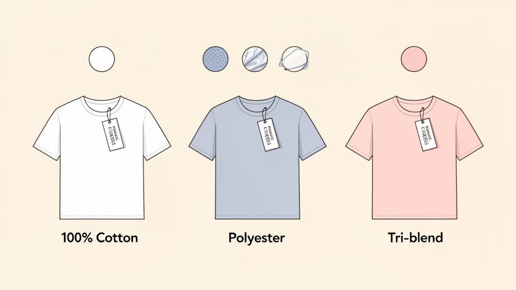 Three t-shirts showcasing 100% cotton, polyester, and tri-blend fabrics in white, blue, and pink.