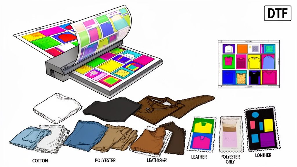 DTF printing process showing colorful designs being printed onto film and various fabric types.