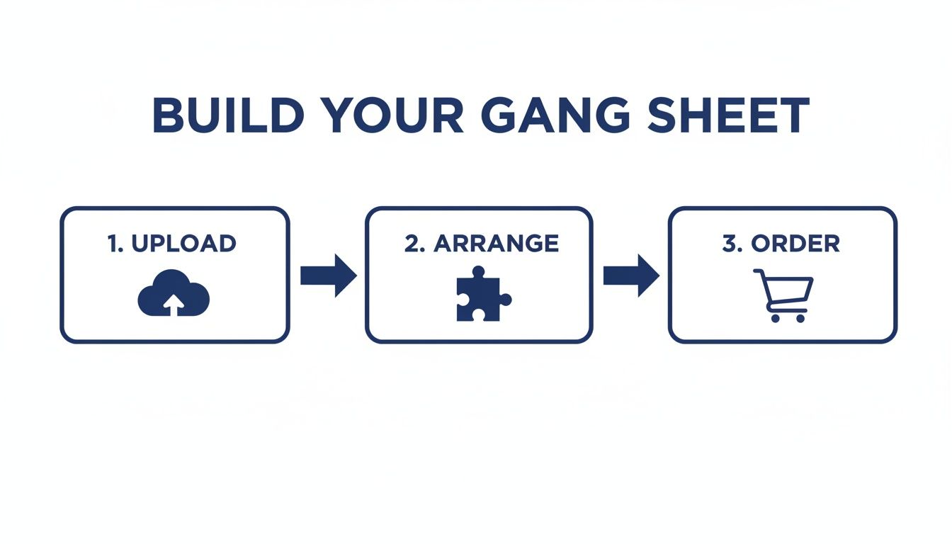 A three-step process for building a custom gang sheet, showing upload, arrange, and order steps.