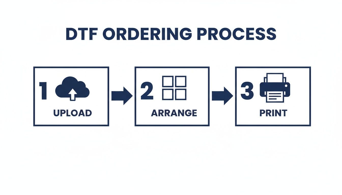 A step-by-step graphic illustrating the DTF ordering process: upload, arrange, and print.