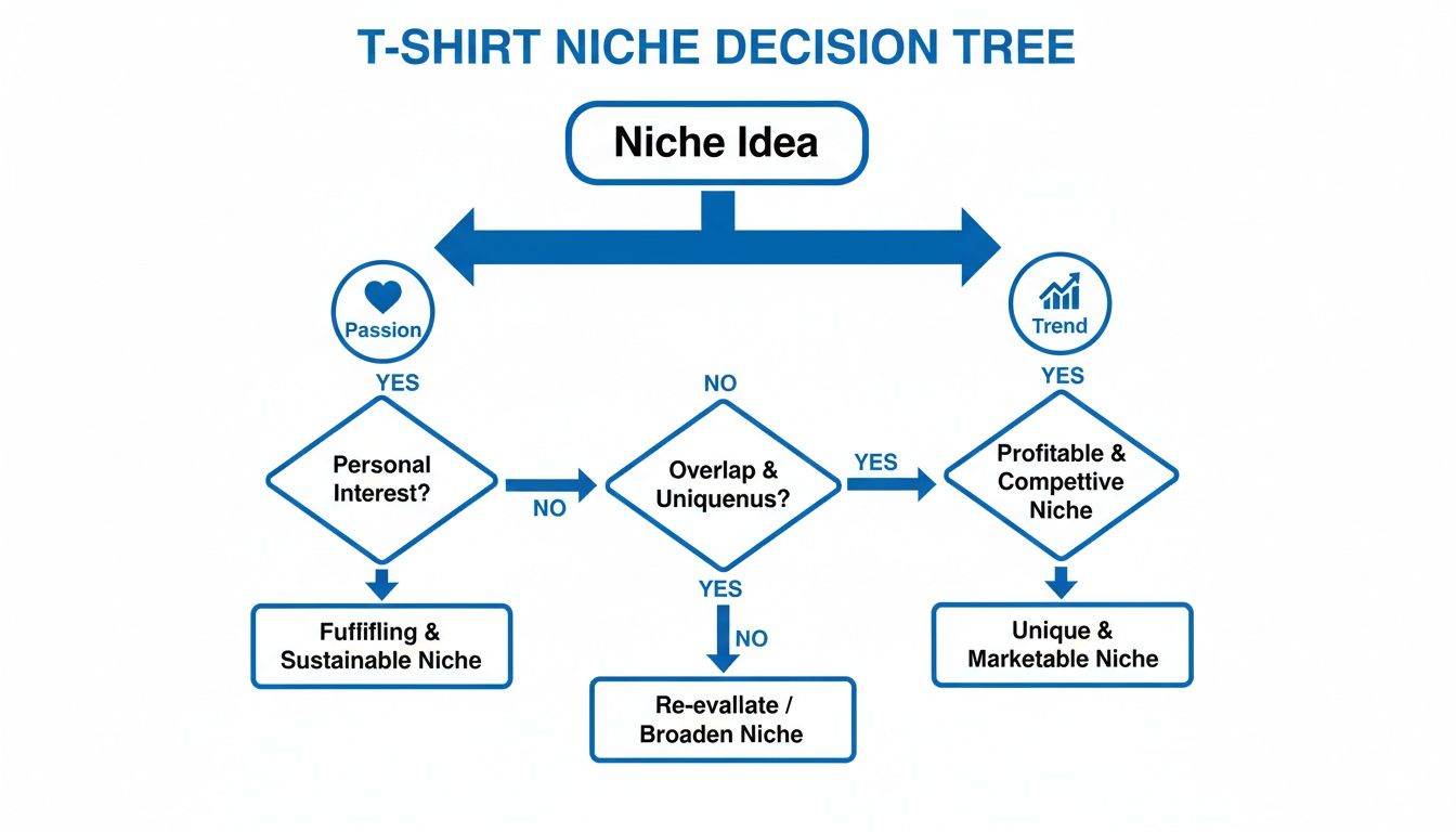 Decision tree for T-shirt niche selection, evaluating passion, trends, uniqueness, and profitability.
