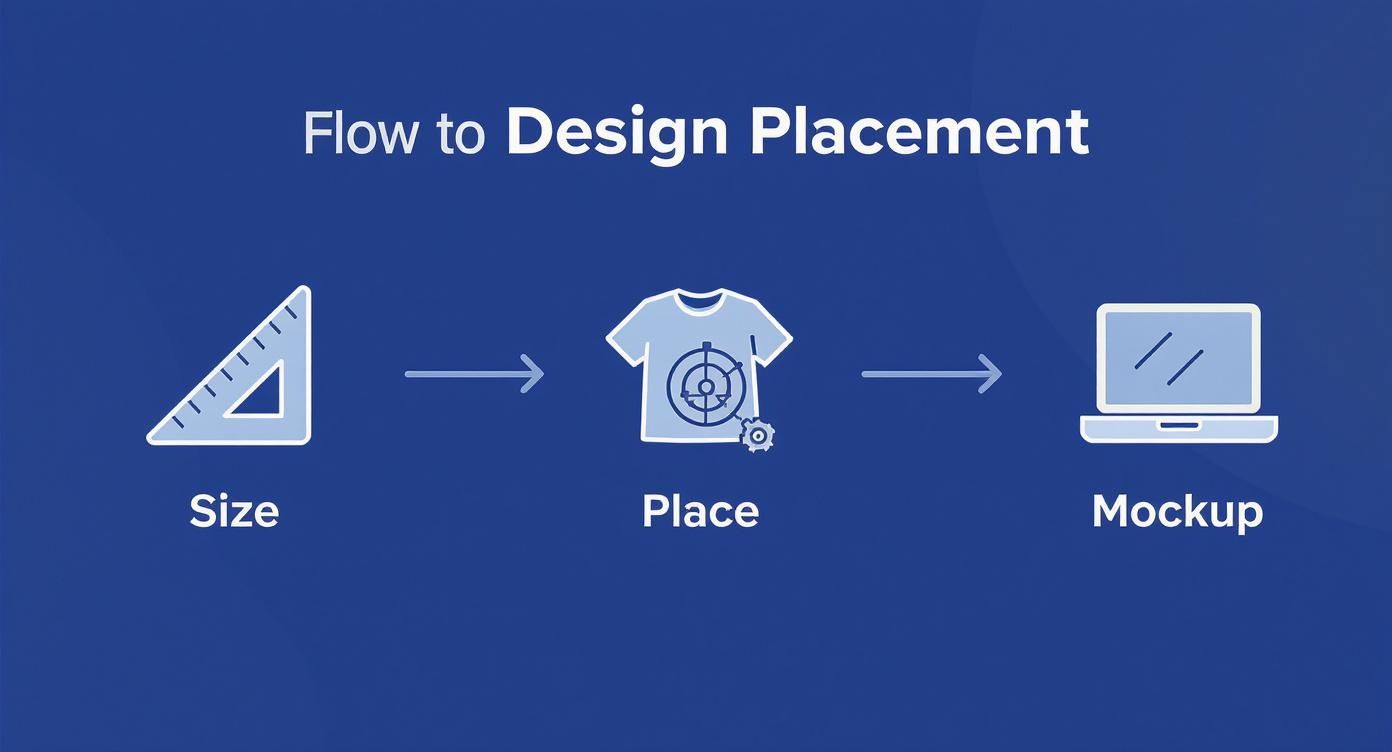 Infographic showing a process flow for design placement with icons for sizing, placing, and creating a mockup.