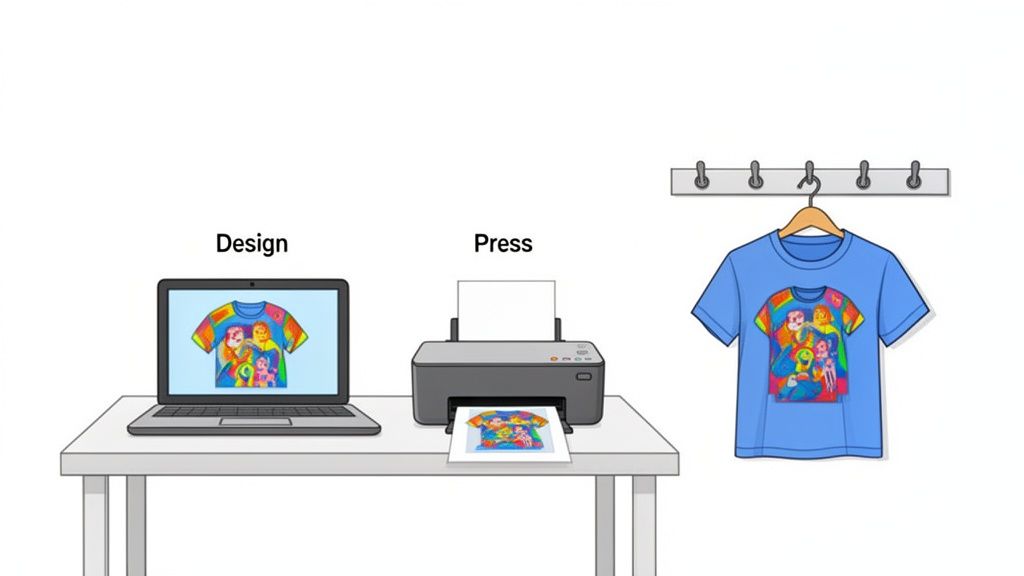 An illustration showing the process of designing a colorful t-shirt on a laptop and printing it.