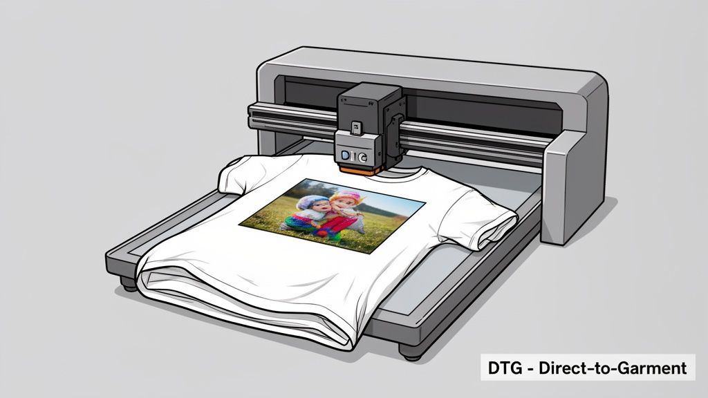 A Direct-to-Garment (DTG) printer customizes a white t-shirt with a colorful image of two children.