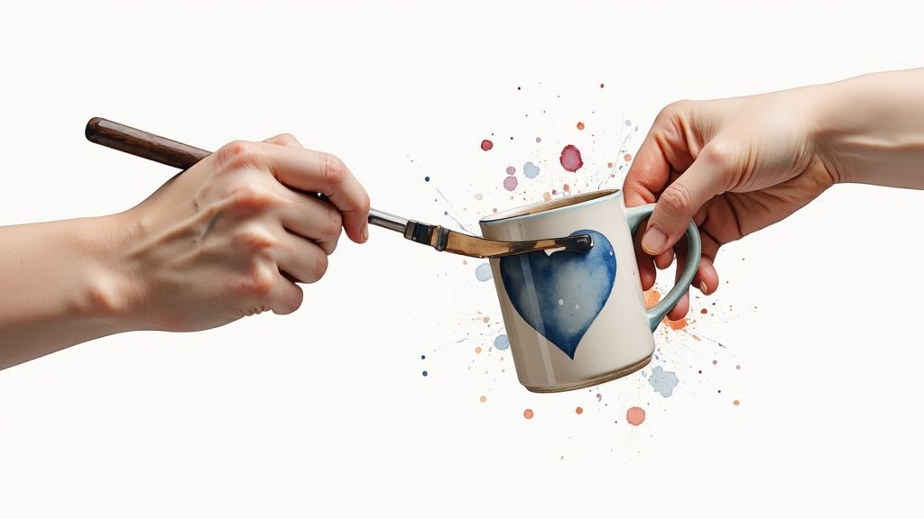 A collection of branded items like tumblers, keychains, and phone cases decorated with UV DTF transfers.