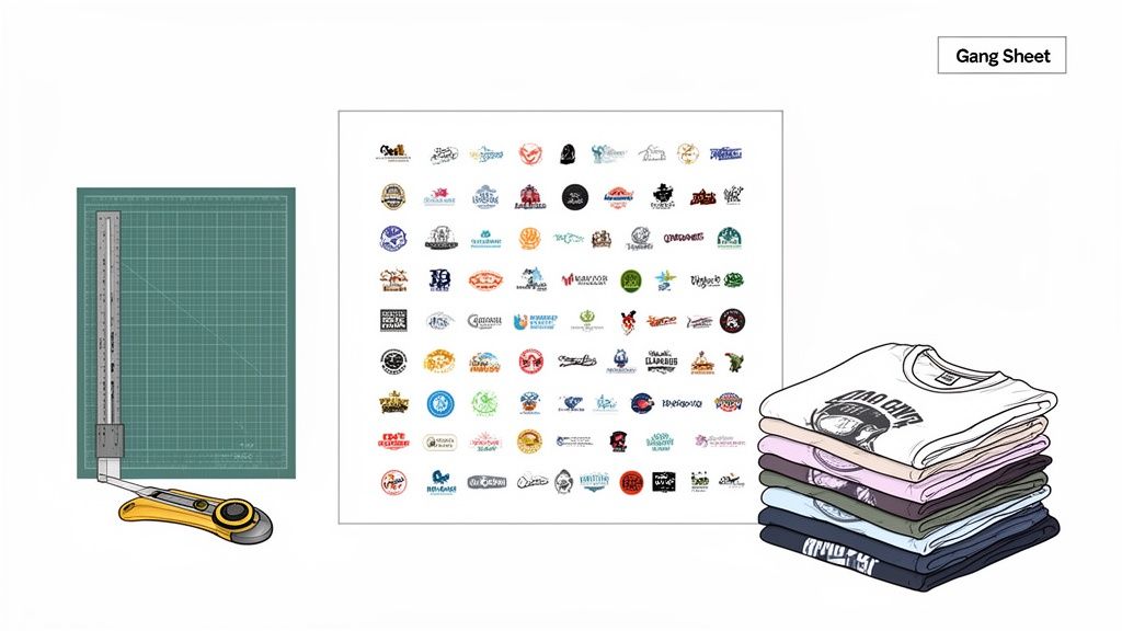 A green cutting mat, rotary cutter, a gang sheet of logos, and a stack of t-shirts for custom apparel.