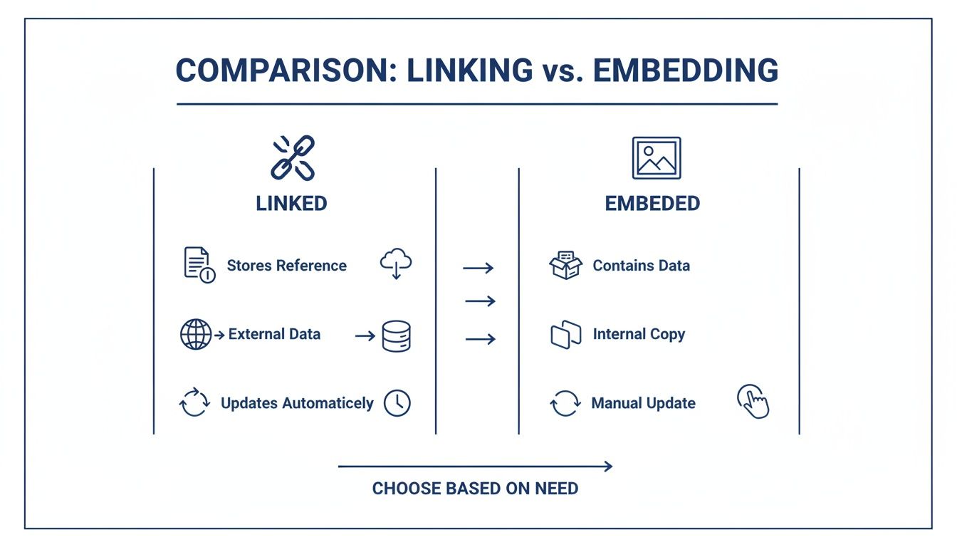 Infographic comparing linking and embedding data, showing key differences like automatic versus manual updates.