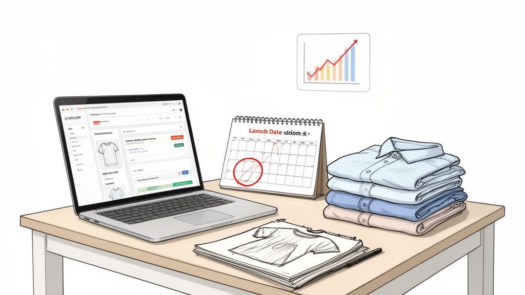 A desk with a laptop showing an online store, a calendar, folded shirts, and a t-shirt sketch.