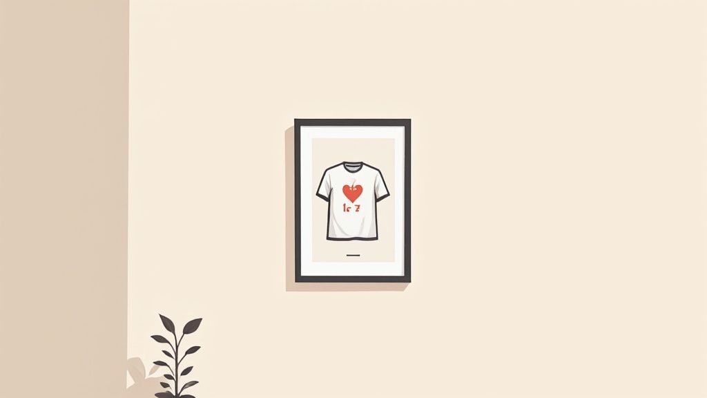 A framed illustration of a white t-shirt with a red heart hanging on a minimalist beige wall.