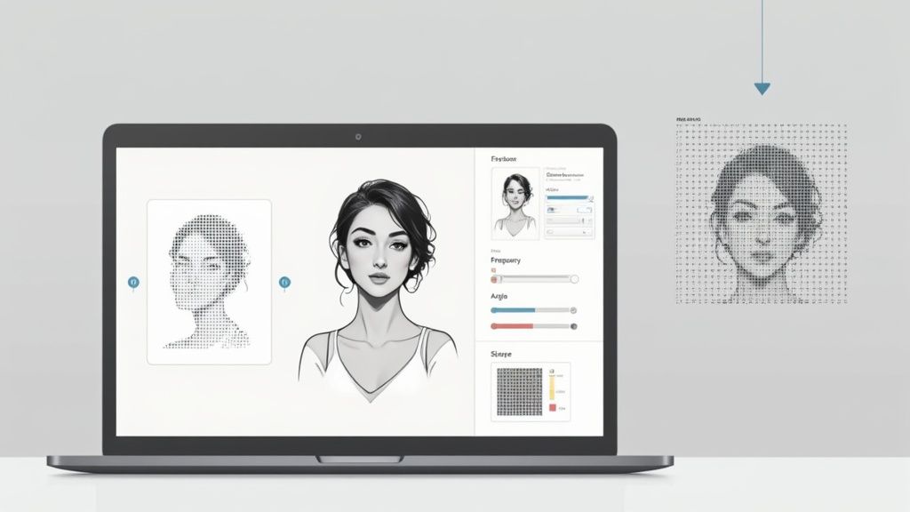 A laptop displays an image processing interface showing a woman's portrait, its halftone conversion, and adjustment sliders.