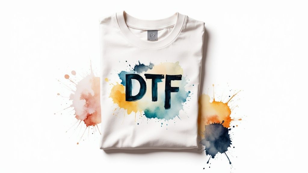 A person wearing a custom t-shirt with a detailed, colorful DTF print.