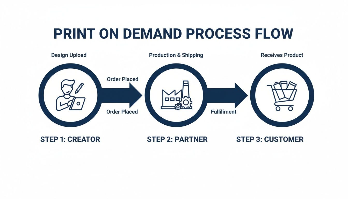 Infographic illustrating the print on demand process flow from creator design upload to customer product receipt.