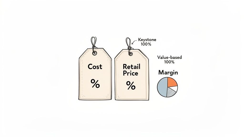 Illustration of two price tags for 'Cost %' and 'Retail Price %', with a pie chart for 'Margin' showing 'Keystone 100%' and 'Value-based 100%'.