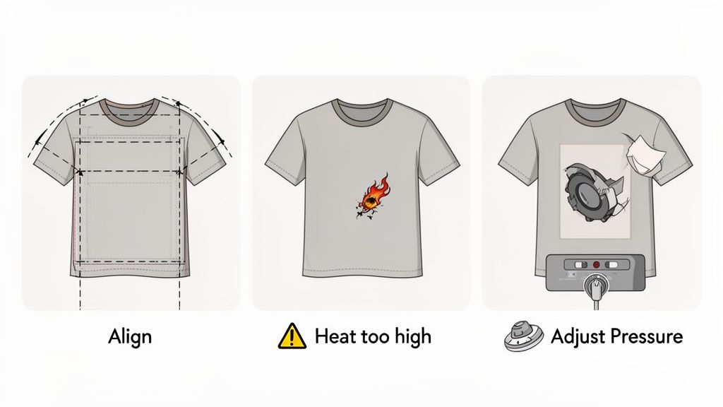 Illustrations demonstrate heat pressing a t-shirt: design alignment, damage from high heat, and adjusting pressure for perfect transfers.