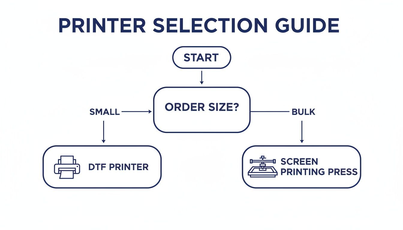 Flowchart guiding printer selection based on order size: DTF Printer for small orders, Screen Printing Press for bulk.