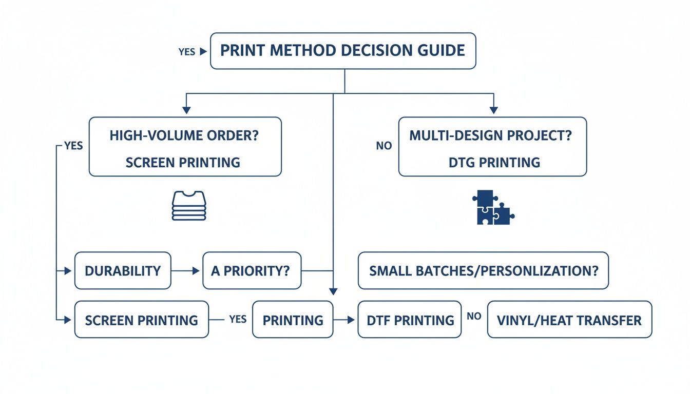 Flowchart guiding print method decisions based on order volume, design complexity, durability, and personalization needs.