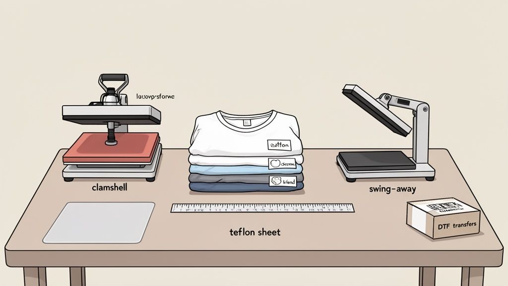 Table with clamshell and swing-away heat press machines, various fabric t-shirts, ruler, teflon sheet, and DTF transfers.