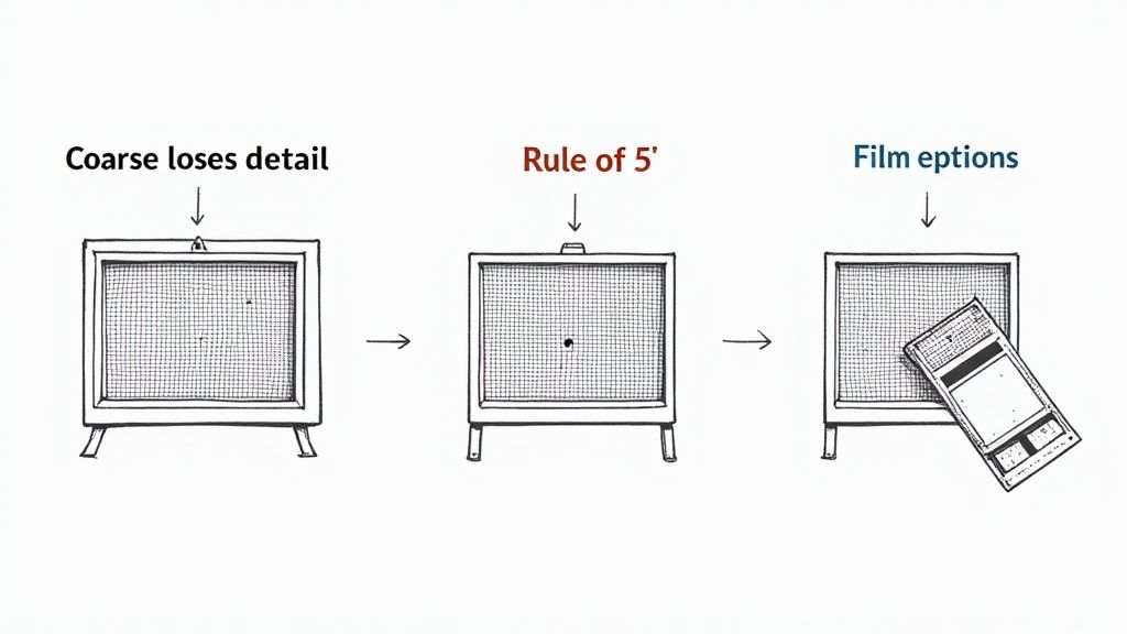 Three diagrams illustrating visual concepts of coarse detail, the Rule of 5', and film options.