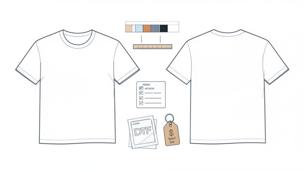 Blank t-shirt design templates showing front and back views with color swatches, ruler, and checklist.